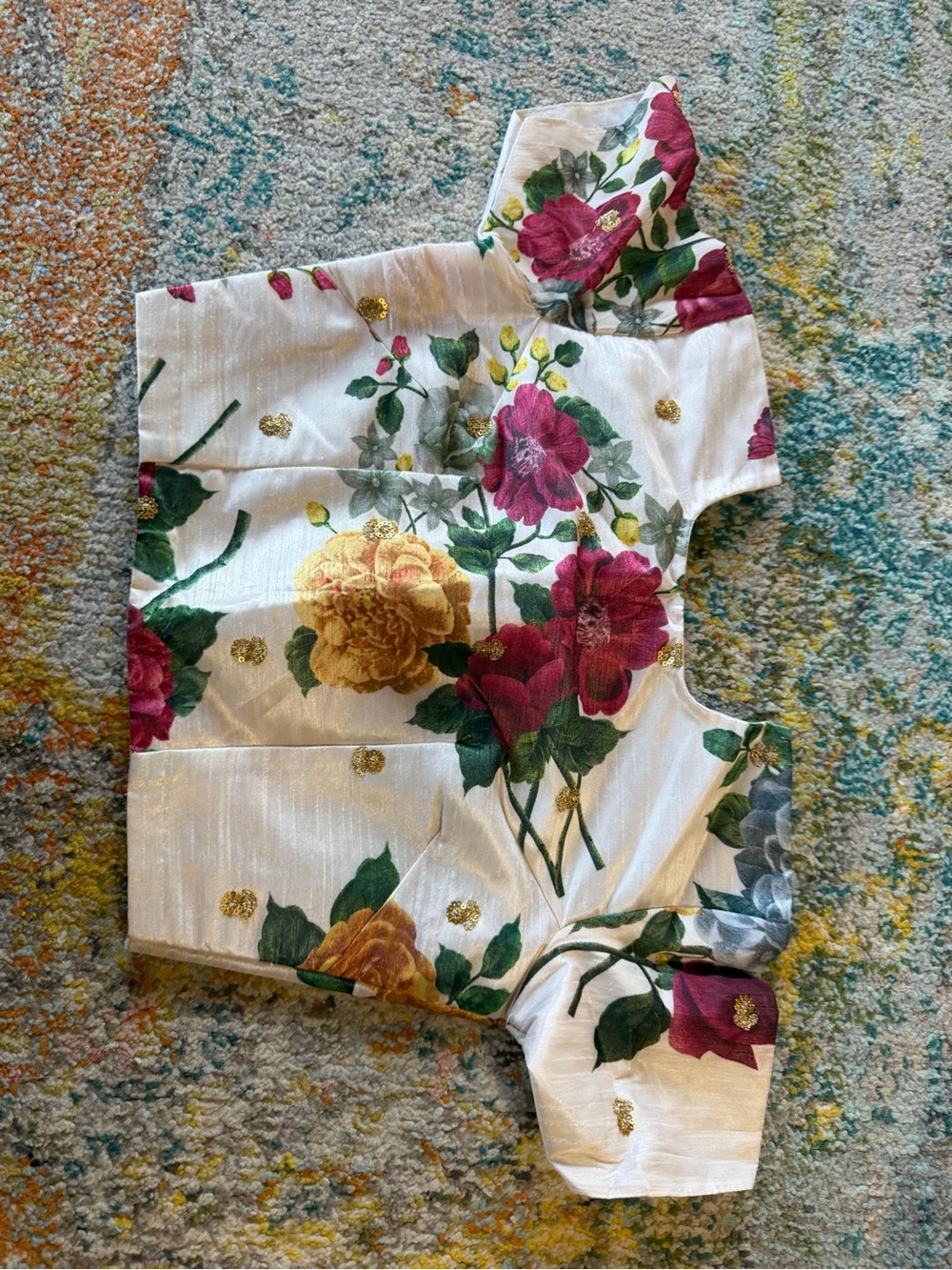 Floral Print Short-Sleeve Top in White with Pink & Yellow Roses (lehenga top)